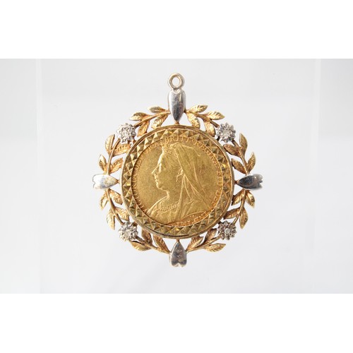 39 - A Queen Victoria 1900 Melbourne mint sovereign coin mounted in a 9ct foliate mount with diamond high... 