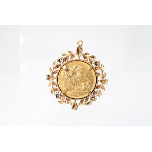 39 - A Queen Victoria 1900 Melbourne mint sovereign coin mounted in a 9ct foliate mount with diamond high... 