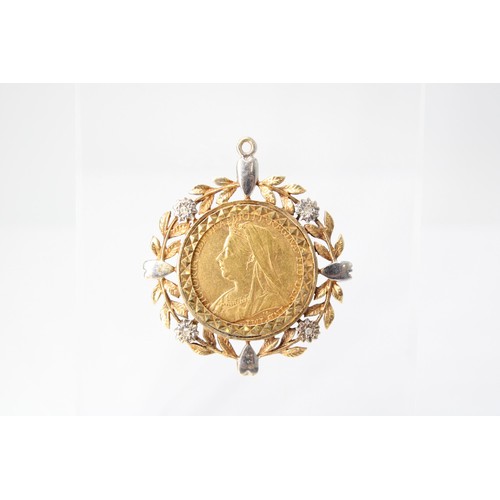 39 - A Queen Victoria 1900 Melbourne mint sovereign coin mounted in a 9ct foliate mount with diamond high... 