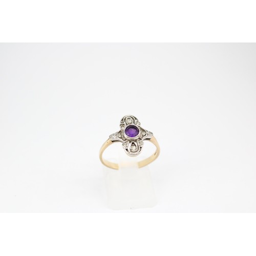 62 - A 9ct gold amethyst and diamond openwork dress ring. Size Q 1/2. Weight 2.79 grams