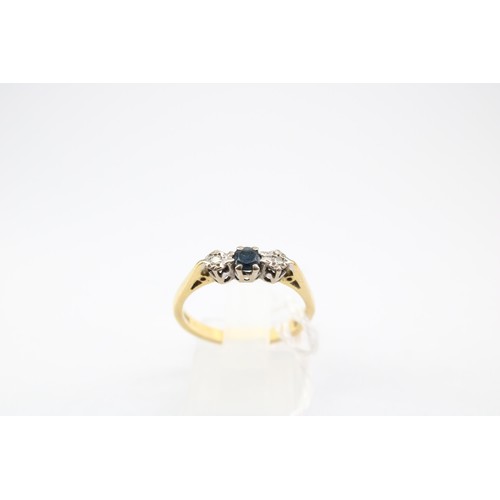 64 - An 18ct gold sapphire and diamond three stone ring. Size M 1/2. Weight 3.01 grams