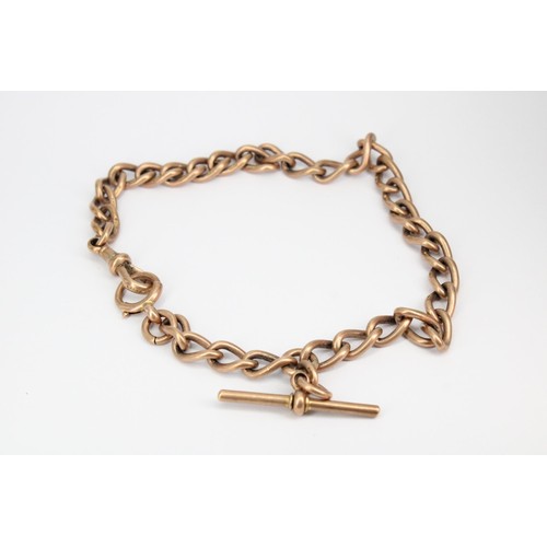 71 - A 9ct gold Albert chain with T bar and toggle. Weight 53.84 grams