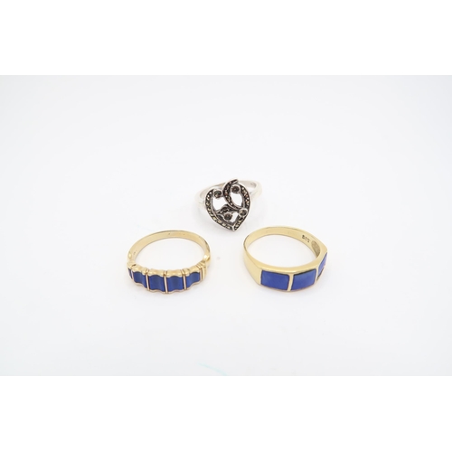 19 - A Pair of Unique Design 14ct Lapis Lazuli Rings, With a Silver and Marcasite Ring&nbsp;Gross Weight ... 