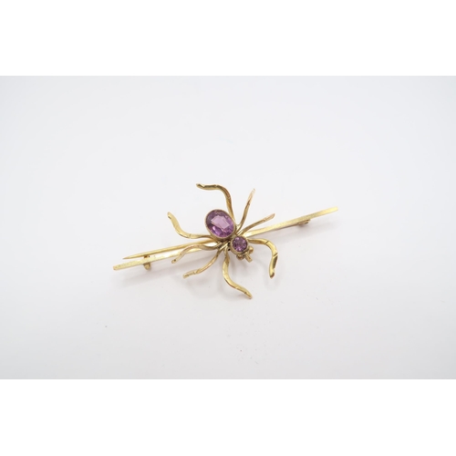 1 - A 9ct Spider Design Brooch, Body featuring two bezel set Amethyst, size pin 6cm, spider approx 3cm x... 