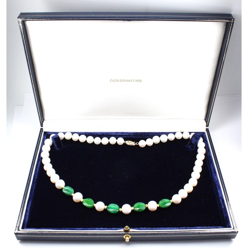 20 - A&nbsp;Jade and Freshwater Pearl Necklace with a 14ct Yellow Gold Clasp Inter Spaced with Yellow Gol... 