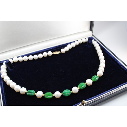 20 - A&nbsp;Jade and Freshwater Pearl Necklace with a 14ct Yellow Gold Clasp Inter Spaced with Yellow Gol... 