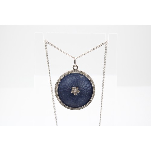 30 - An Edwardian Silver and Blue Guilloche Enamelled Locket on a Modern Silver Chain, Locket approx. 29m... 