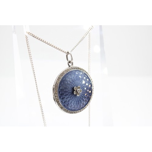 30 - An Edwardian Silver and Blue Guilloche Enamelled Locket on a Modern Silver Chain, Locket approx. 29m... 