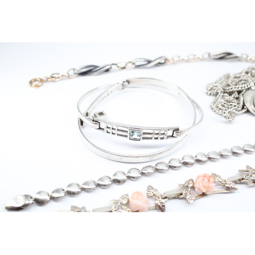32 - Seven Pieces of White Metal Jewellery Including 2 Kit Heath Bangles and an Edwardian Muff Chain 142c... 