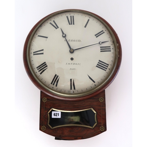 621 - An early 19th century rosewood drop dial wall clock with a convex dial and glass, fusee movement wit... 