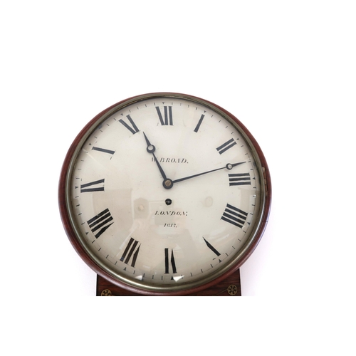 621 - An early 19th century rosewood drop dial wall clock with a convex dial and glass, fusee movement wit... 