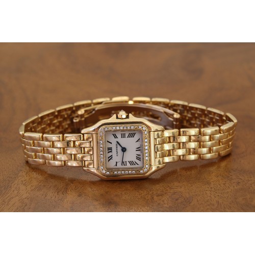 An 18ct & Diamond Circa 2004 Ladies Cartier Panthera, Reference 1280, 22 x 30 mm. Featuring a Square case bordered by a factory-set diamond bezel. The off-white dial is detailed with Cartier's signature Roman numerals, blued hands, and an inner railway-style minute track.