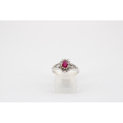 136 - A&nbsp;9ct White Gold Diamond and Ruby Cluster Ring With Diamond Shoulders,&nbsp;Head Size approx. 1... 