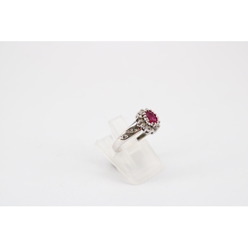 136 - A&nbsp;9ct White Gold Diamond and Ruby Cluster Ring With Diamond Shoulders,&nbsp;Head Size approx. 1... 