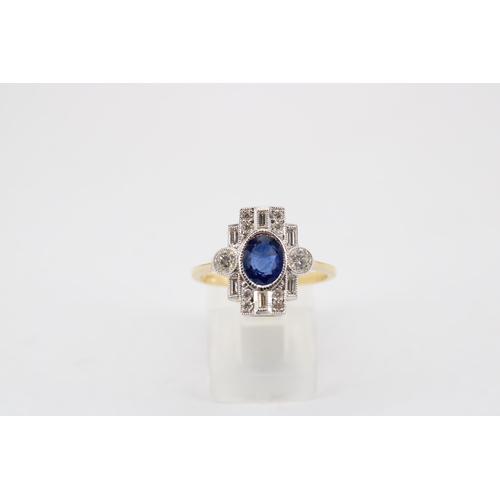 143 - A Quality Art Deco Style 18ct Yellow Gold and White Gold Sapphire and Diamond Ring, The Sapphire and... 
