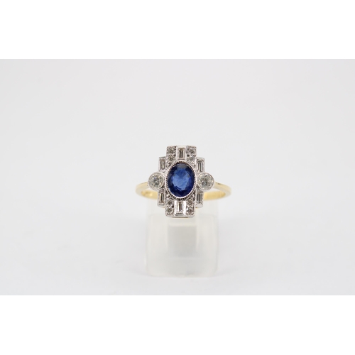 143 - A Quality Art Deco Style 18ct Yellow Gold and White Gold Sapphire and Diamond Ring, The Sapphire and... 