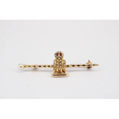 147 - A&nbsp;15ct Yellow Gold Seed Pearl Owl Brooch, Head Size approx. 47mm x 15mm