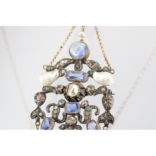 31 - An abstract openwork brooch pendant set with sapphire, diamond and freshwater cultured pearl. Length... 