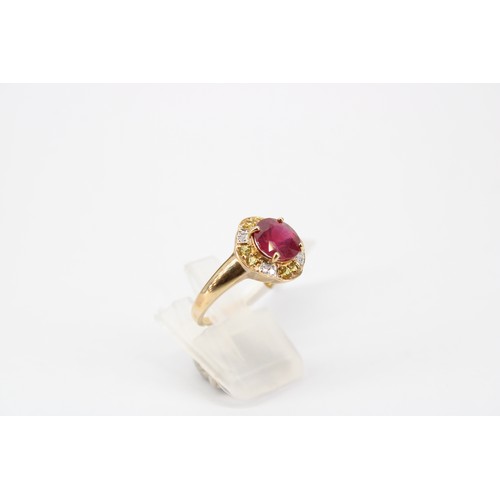 47 - A glass filled ruby, yellow sapphire and diamond cluster dress ring. Stamped 10K. Size O. Weight 2.8... 