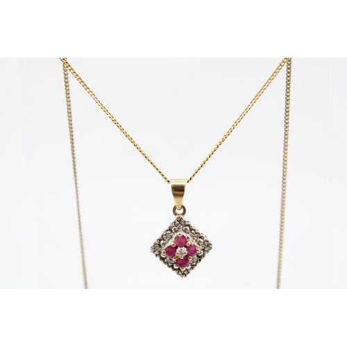 22 - A 9ct gold ruby and diamond cluster pendant. Weight 2.91 grams. Length of pendant 19mm. Chain 460mm.... 