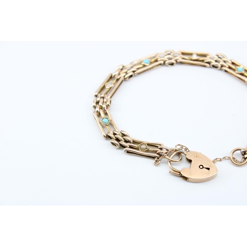 26 - An early 20th century 9ct gold turquoise and seed pearl gate style bracelet. Weight 9.36 grams. Leng... 