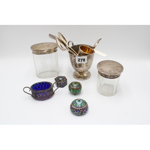279 - A Group of Silver & White Metal Items to include Spoons, Egg Cup, Enamel Trinket Boxes, Silver L... 