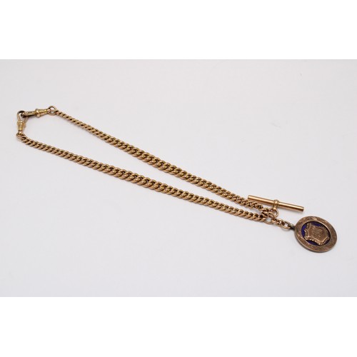 4 - A double Albert chain suspending t-bar, and two toggles, stamped 9ct. Also suspending a silver medal... 