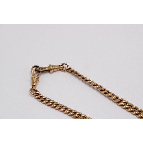 4 - A double Albert chain suspending t-bar, and two toggles, stamped 9ct. Also suspending a silver medal... 