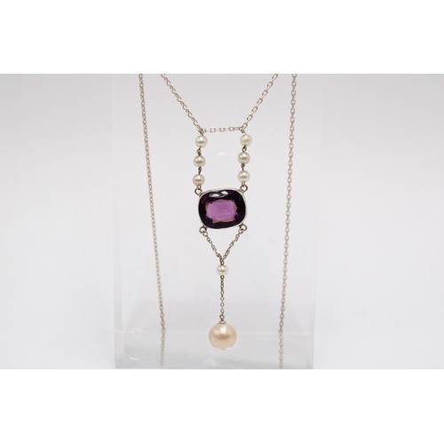 48 - An Edwardian Unmarked Silver Pearl and Amethyst Necklace, approx. 39cms Long,&nbsp;Pendant approx. 1... 