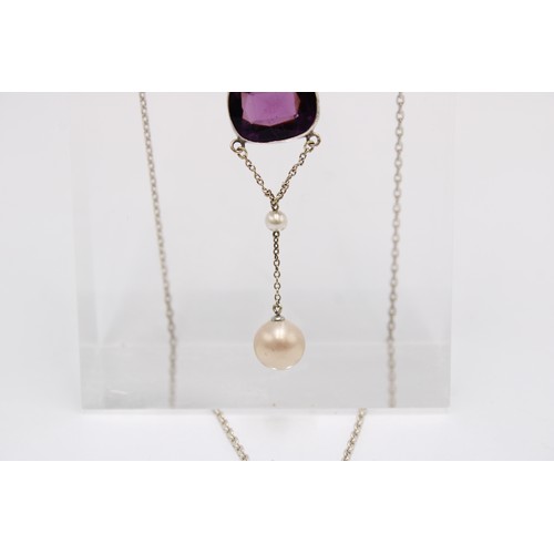 48 - An Edwardian Unmarked Silver Pearl and Amethyst Necklace, approx. 39cms Long,&nbsp;Pendant approx. 1... 