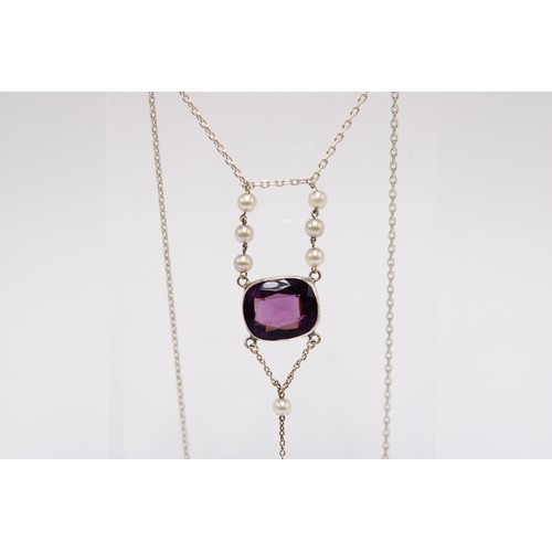 48 - An Edwardian Unmarked Silver Pearl and Amethyst Necklace, approx. 39cms Long,&nbsp;Pendant approx. 1... 