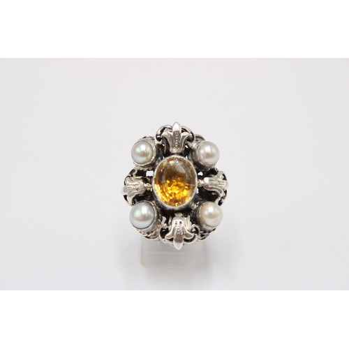 56 - A Large Arts and Crafts Silver Pearl and Citrine Ring, Head Size approx. 30mm x 27mm,&nbsp;Ring Size... 