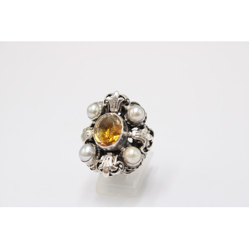 56 - A Large Arts and Crafts Silver Pearl and Citrine Ring, Head Size approx. 30mm x 27mm,&nbsp;Ring Size... 