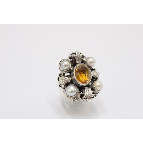 56 - A Large Arts and Crafts Silver Pearl and Citrine Ring, Head Size approx. 30mm x 27mm,&nbsp;Ring Size... 