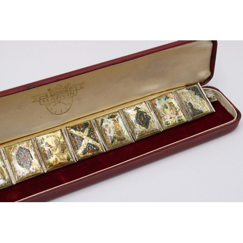 59 - A White Metal Mother of Pearl Bracelet Depicting Hand Painted Persian Scenes, Approx. 18cms Long not... 
