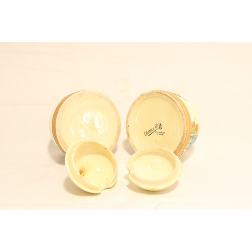  A Pair of Circa 1930/40's Clarice Cliff Crocus Pattern Beehive Honey Pots central ribbed body, hand-... 