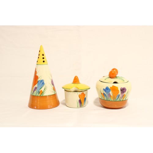  A Circa 1930/40's Clarice Cliff Conical Sugar Sifter, Preserve Jar and Mustard Pot. Hand-painted wit... 