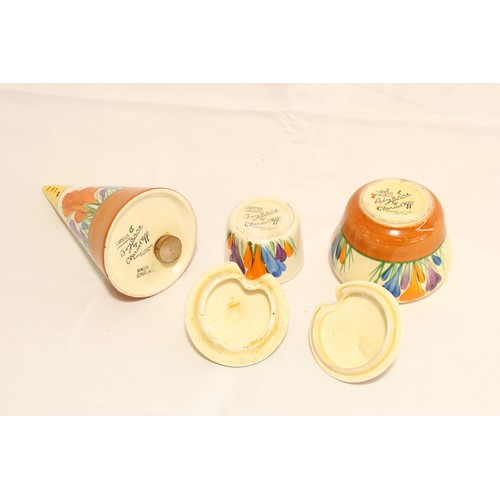  A Circa 1930/40's Clarice Cliff Conical Sugar Sifter, Preserve Jar and Mustard Pot. Hand-painted wit... 