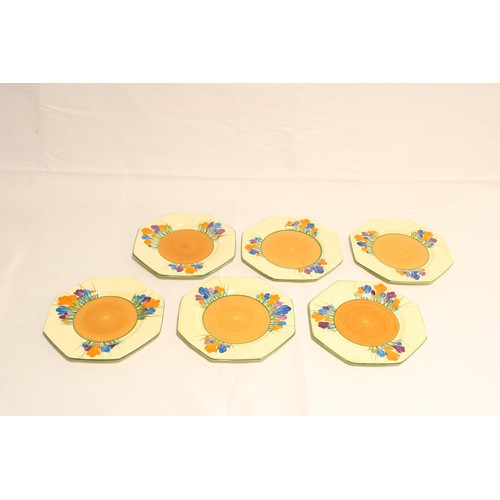  A Set of Six Circa 1930/40's Clarice Cliff Crocus Pattern Octagonal Dishes,&nbsp;Hand-painted with s... 