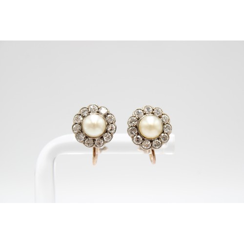 15 - A Pair of Unmarked Silver & 14ct Gold Tested Diamond & Pearl Screw Back Earrings. Approximat... 