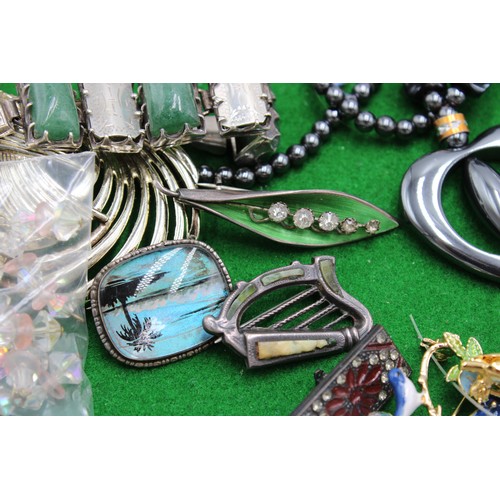224 - An assortment of costume jewellery. To include a butterfly wing brooch, an enamel leaf brooch and an... 