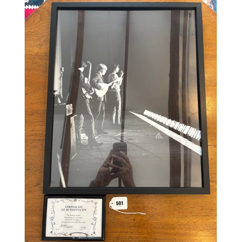 501 - A framed photograph of The Rolling Stones, performing live on stage 18 May 1965 at the ABC Theatre i... 