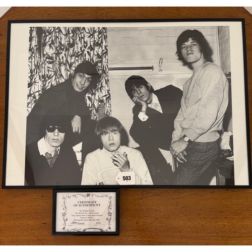503 - A framed photograph of The Rolling Stones, taken 18 May 1965 backstage at the ABC Theatre in Romford... 