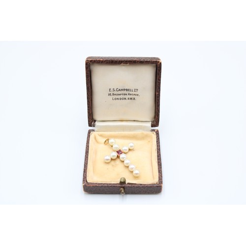 35 - An&nbsp;18ct Yellow Gold (Tested) Pearl and Ruby Cross, Pearls are a Good Colour with a Natural Lust... 