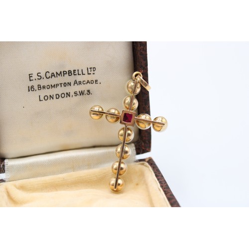 35 - An&nbsp;18ct Yellow Gold (Tested) Pearl and Ruby Cross, Pearls are a Good Colour with a Natural Lust... 
