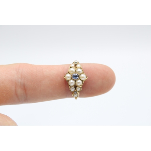 19 - A Victorian 18ct Tested Mourning Ring, Featuring a central cluster of pearls set with a sapphire.&nb... 