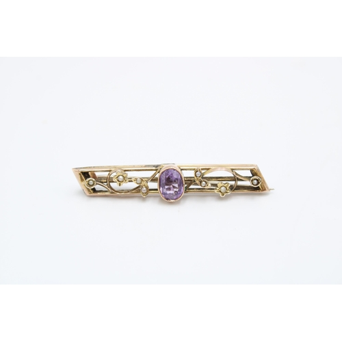 38 - A 9ct Yellow Gold Edwardian Amethyst and Pearl Brooch, Head Size approx. 48mm x 9mm - approx weight ... 