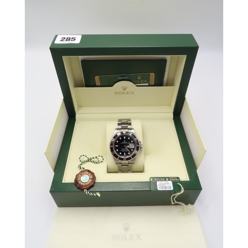 A 2008 Stainless Steel Rolex Oyster Perpetual Submariner, Reference 16610, 40 mm. Featuring a signed black dial with luminous hour markers, Mercedes hands, date aperture, protected screw down crown, stainless steel oyster bracelet with deployment flip-lock clasp. Code PJ5 93250. With Box, Papers and original hang tags.