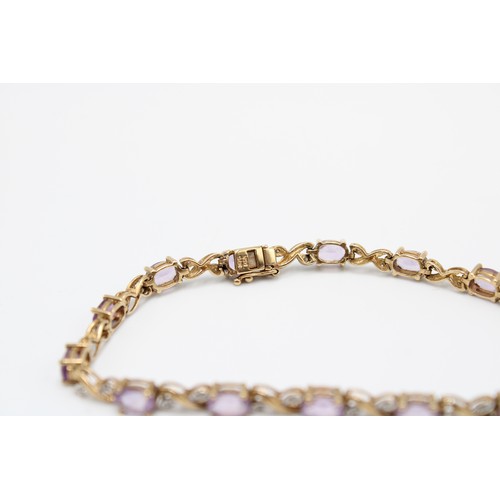  A 9ct Amethyst & Diamond Bracelet with floral motifs between setting&nbsp;Weight: 8.12g Length: ... 