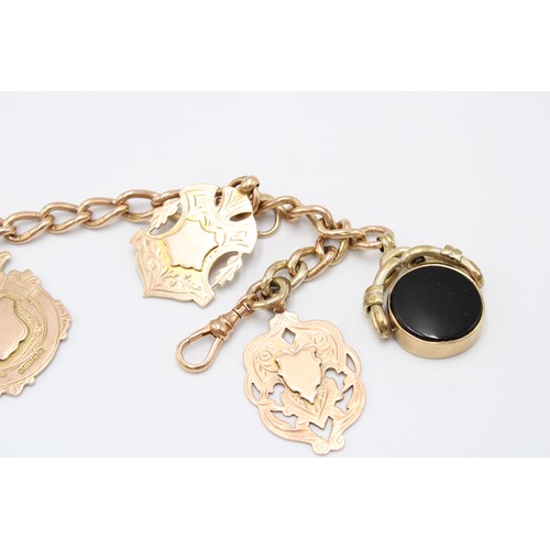  A 9ct gold fob chain bracelet and pendants, the chain marked 9 and 375, the three heraldic medallion... 